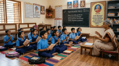Students seated on mats in a classroom, reading dharmic texts while a teacher instructs beside a blackboard