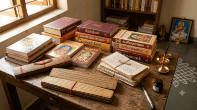 Dharmic books, palm-leaf manuscripts, and learning materials arranged on a wooden desk